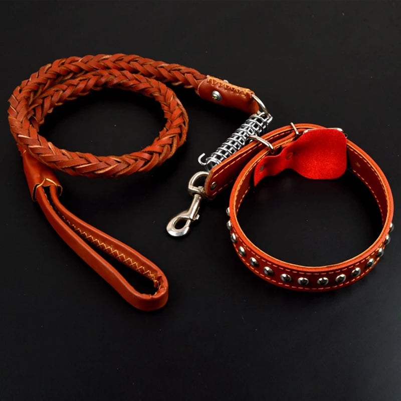 Pet Leather Dog Collar Leash for Large Dog Leather Dog Traction Drag Tow Rope Chain Pet Dog Supplies Accessories Prevent Runaway