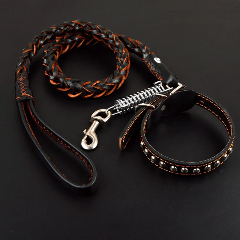 Pet Leather Dog Collar Leash for Large Dog Leather Dog Traction Drag Tow Rope Chain Pet Dog Supplies Accessories Prevent Runaway