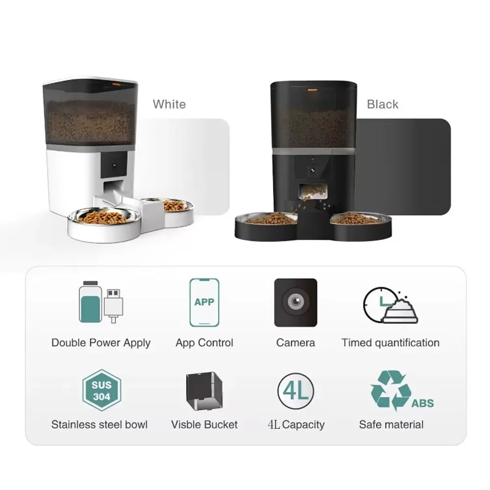 4L Smart Automatic Pet Feeder with Camera and App Control for Cats and Dogs - Stainless Steel Bowl with Double Meal Feature