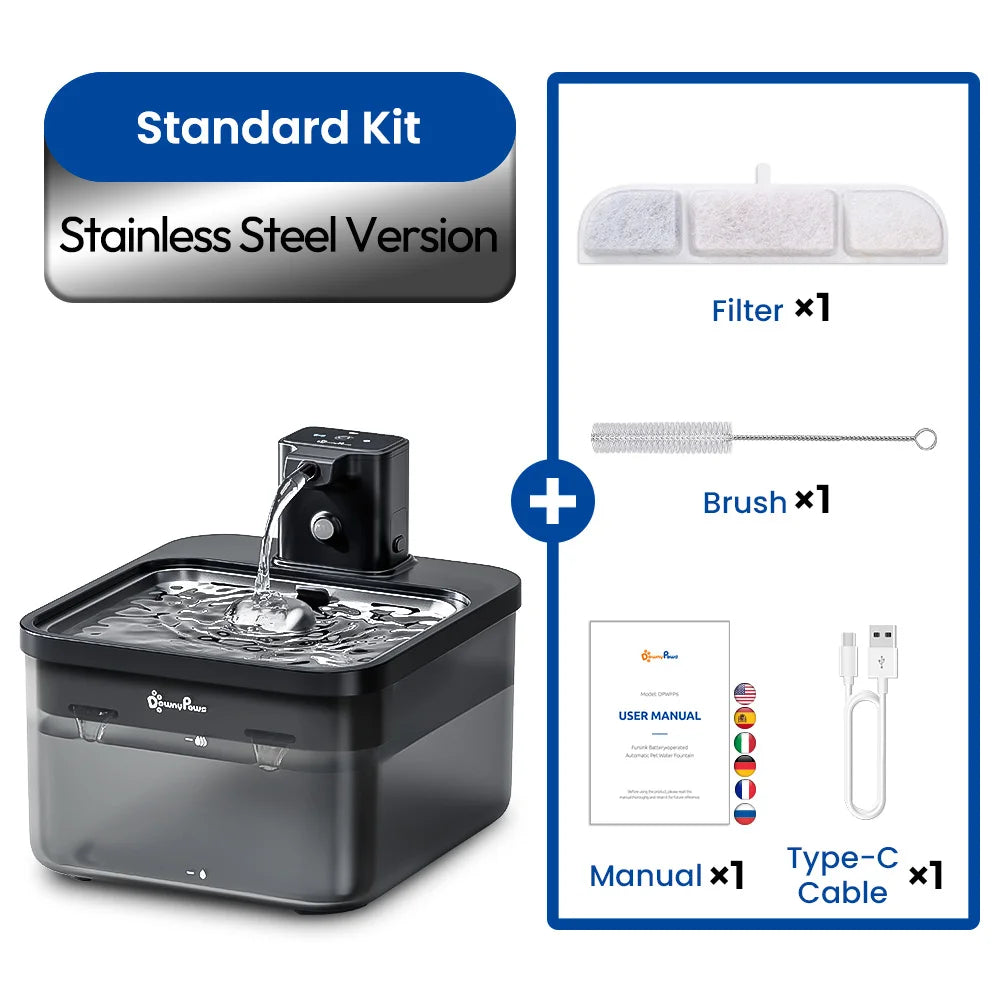 The Purr-fect Hydration Station: 2.5L Automatic Stainless Steel Cat Water Fountain – Battery-Powered, Wireless, and Whisker-Approved!