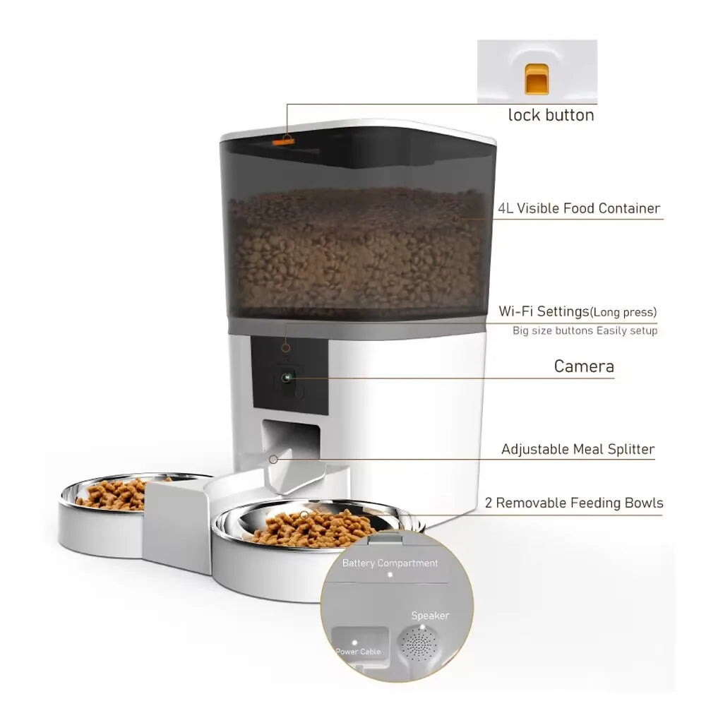 4L Smart Automatic Pet Feeder with Camera and App Control for Cats and Dogs - Stainless Steel Bowl with Double Meal Feature
