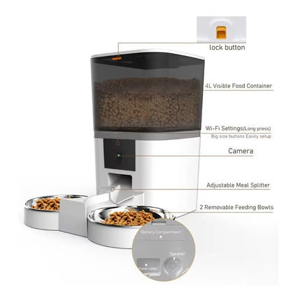4L Smart Automatic Pet Feeder with Camera and App Control for Cats and Dogs - Stainless Steel Bowl with Double Meal Feature