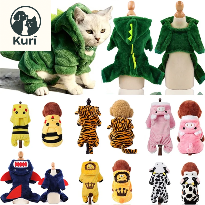 Adorable Coral Fleece Cosplay Costumes for Dogs and Cats - Cute Dinosaur, Tiger, Cow Designs - Warm Pet Hoodies for All Occasions